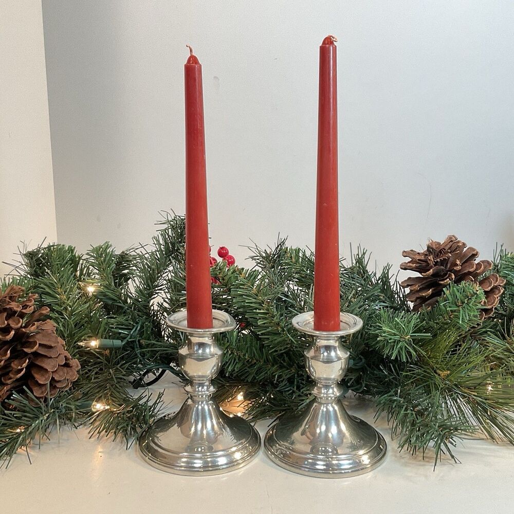 Pewter Candle Holders 4” Vintage Web Pair Glossy Silver Wedding Holiday